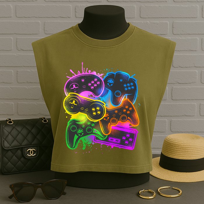 Cool Retro Neon Graffiti Video Game Controllers Garment-Dyed Women's Muscle Tee