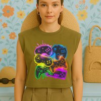 Cool Retro Neon Graffiti Video Game Controllers Garment-Dyed Women's Muscle Tee