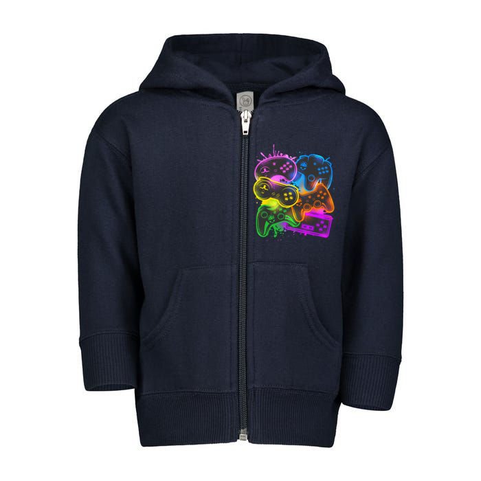 Cool Retro Neon Graffiti Video Game Controllers Toddler Zip Fleece Hoodie