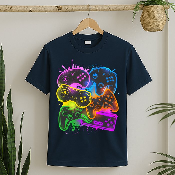 Cool Retro Neon Graffiti Video Game Controllers T-Shirt