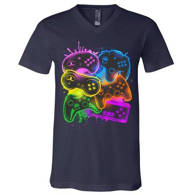 Cool Retro Neon Graffiti Video Game Controllers V-Neck T-Shirt