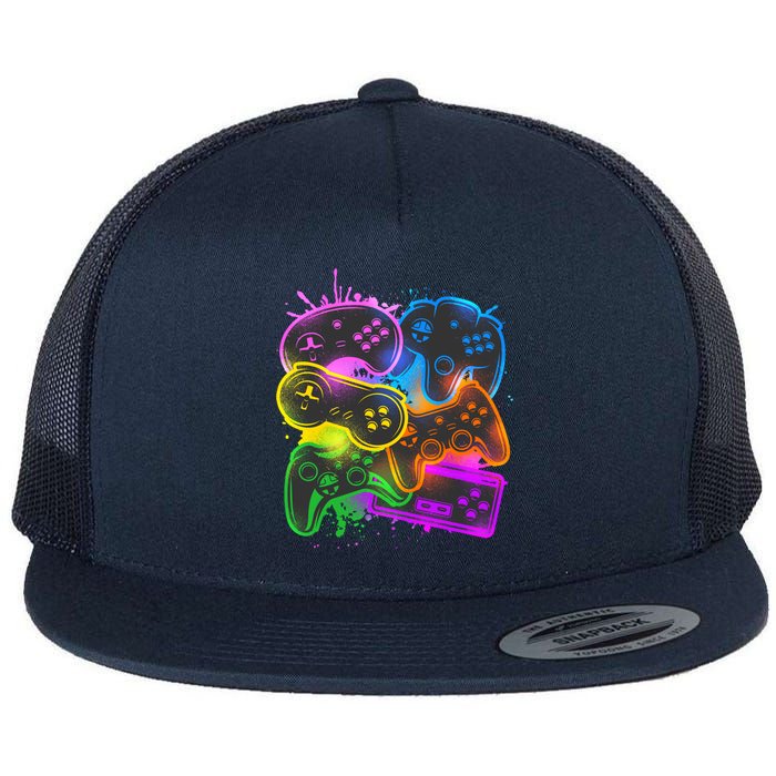 Cool Retro Neon Graffiti Video Game Controllers Flat Bill Trucker Hat