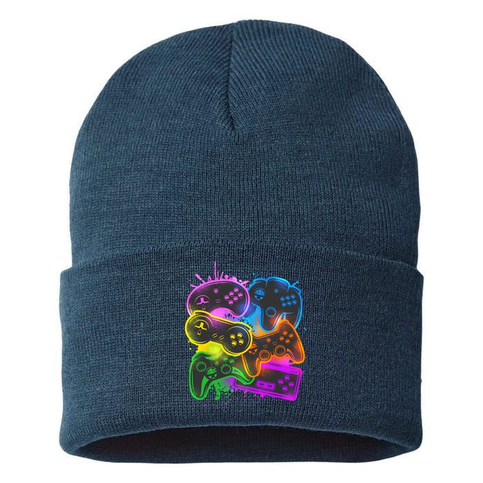 Cool Retro Neon Graffiti Video Game Controllers Sustainable Knit Beanie