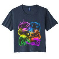 Cool Retro Neon Graffiti Video Game Controllers Women's Crop Top Tee