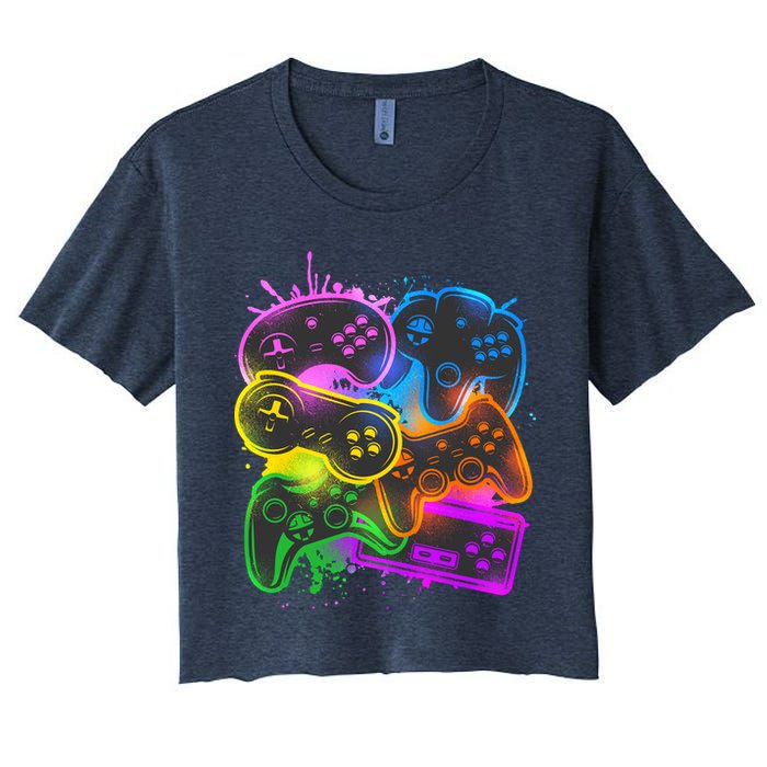 Cool Retro Neon Graffiti Video Game Controllers Women's Crop Top Tee