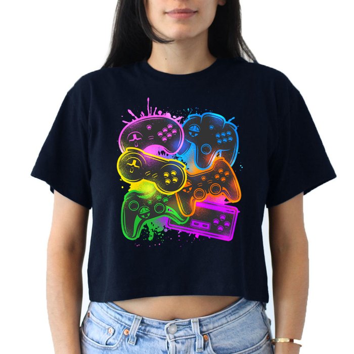 Cool Retro Neon Graffiti Video Game Controllers Women's Crop Top Tee