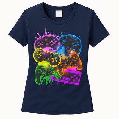 Cool Retro Neon Graffiti Video Game Controllers Womens T-Shirt