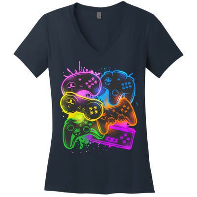 Cool Retro Neon Graffiti Video Game Controllers Women's V-Neck T-Shirt