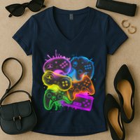 Cool Retro Neon Graffiti Video Game Controllers Women's V-Neck T-Shirt