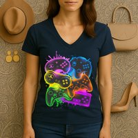 Cool Retro Neon Graffiti Video Game Controllers Women's V-Neck T-Shirt