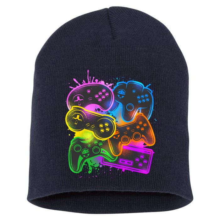 Cool Retro Neon Graffiti Video Game Controllers Short Acrylic Beanie