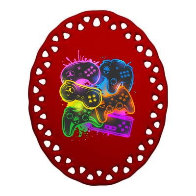 Cool Retro Neon Graffiti Video Game Controllers Ceramic Oval Ornament