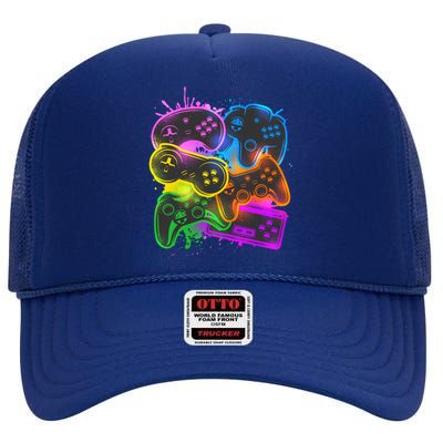 Cool Retro Neon Graffiti Video Game Controllers High Crown Mesh Back Trucker Hat