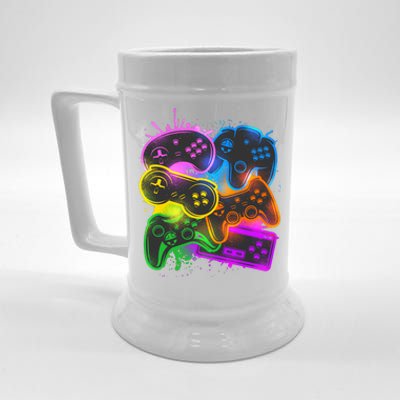 Cool Retro Neon Graffiti Video Game Controllers Beer Stein