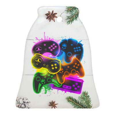 Cool Retro Neon Graffiti Video Game Controllers Ceramic Bell Ornament