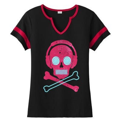 Cool Retro Neon Headphones Skull Music Lover Ladies Halftime Notch Neck Tee