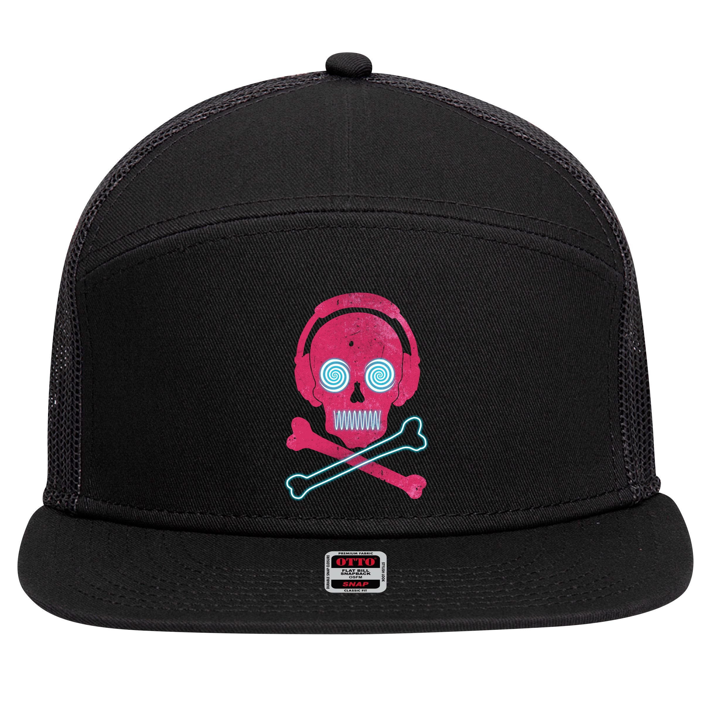 Cool Retro Neon Headphones Skull Music Lover 7 Panel Mesh Trucker Snapback Hat