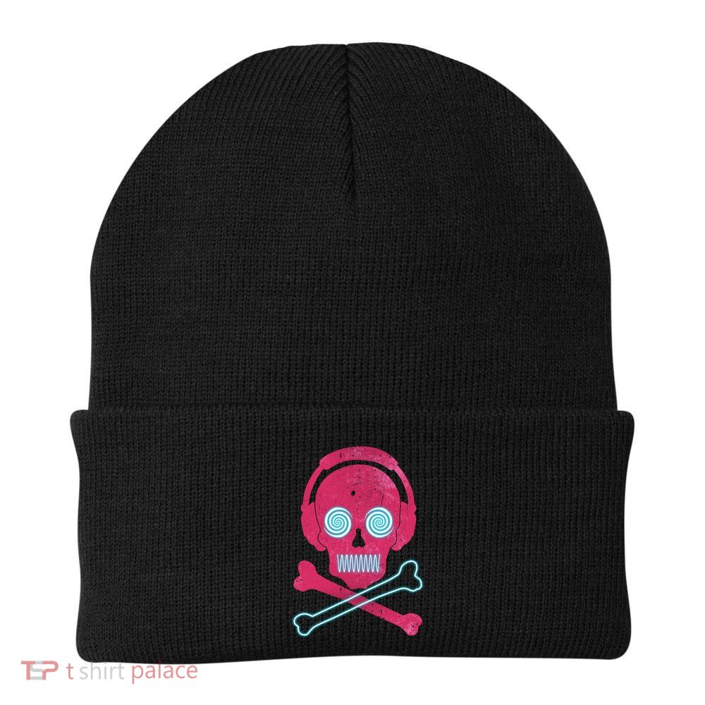 Cool Retro Neon Headphones Skull Music Lover Beanie