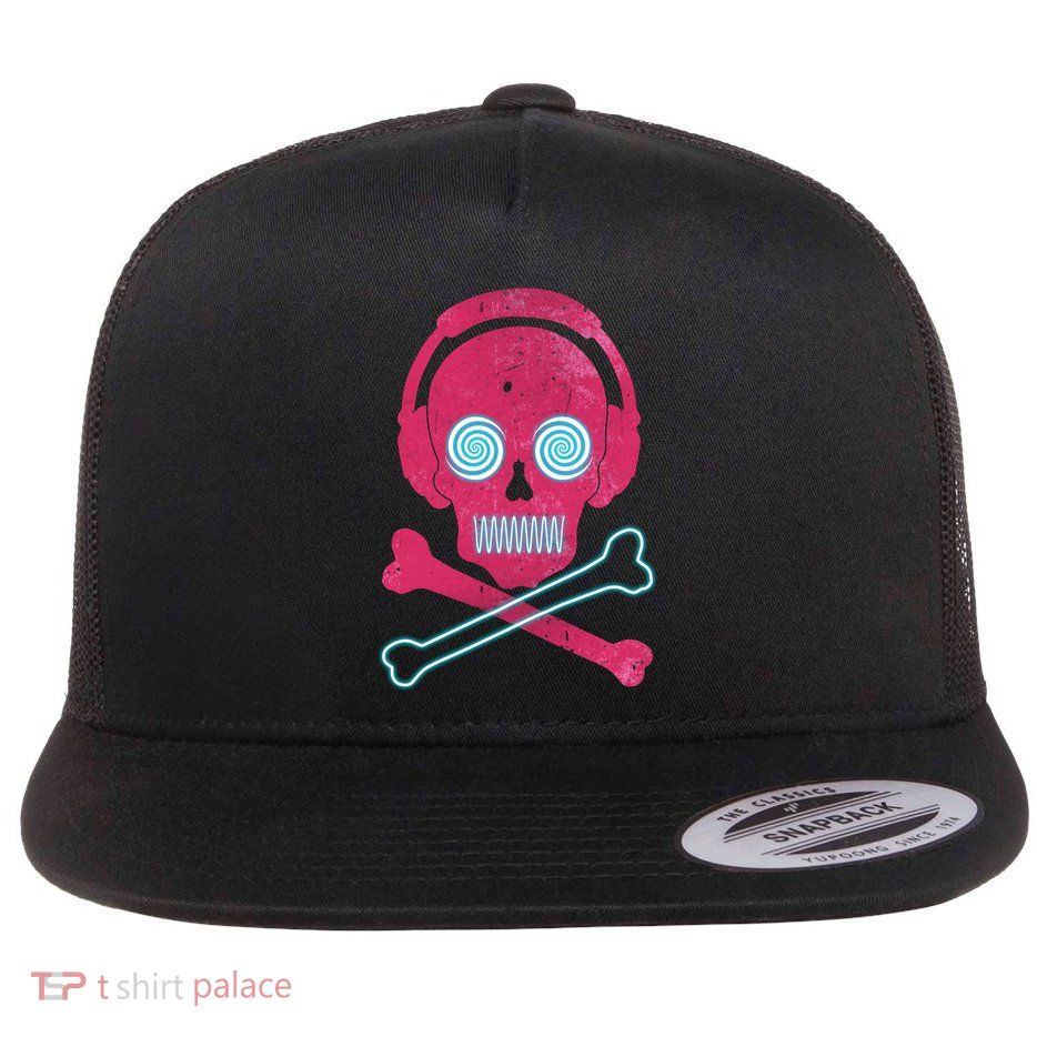 Cool Retro Neon Headphones Skull Music Lover Flatbill Hat