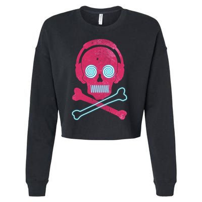 Cool Retro Neon Headphones Skull Music Lover Cropped Pullover Crew