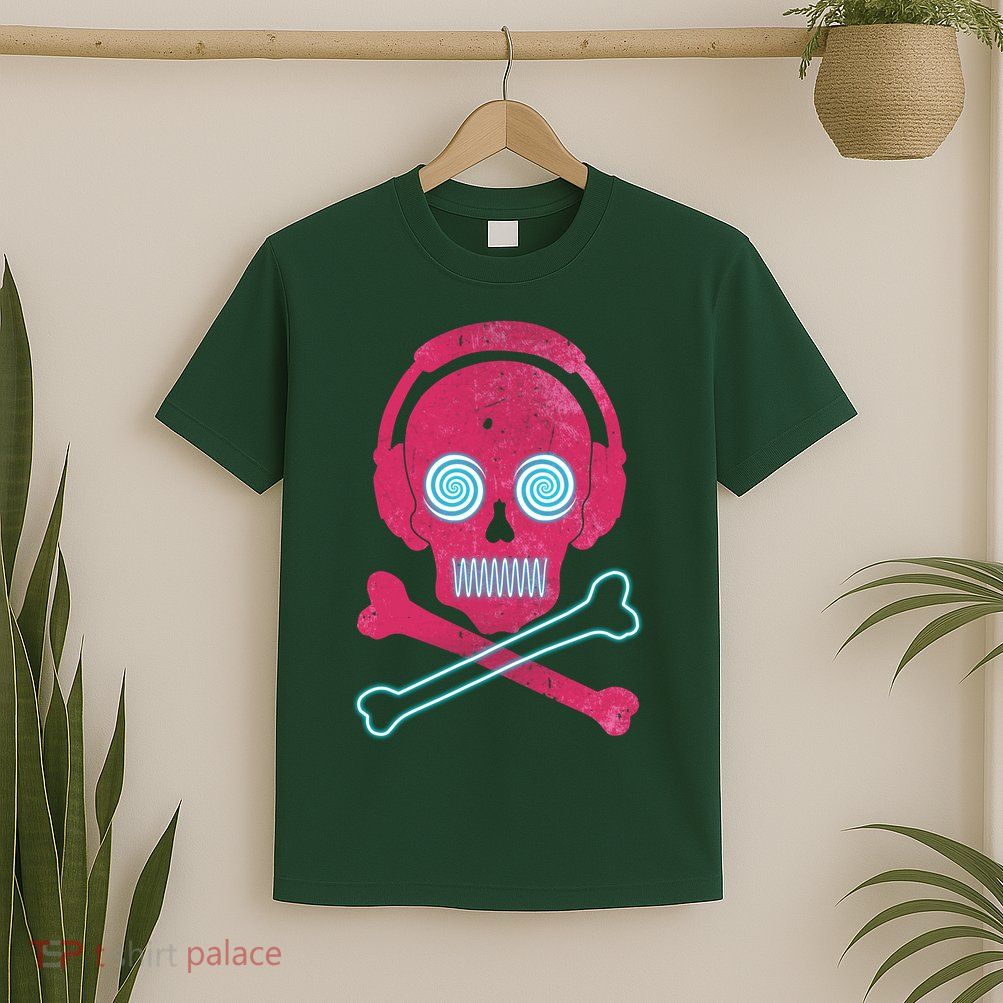 Cool Retro Neon Headphones Skull Music Lover T-Shirt
