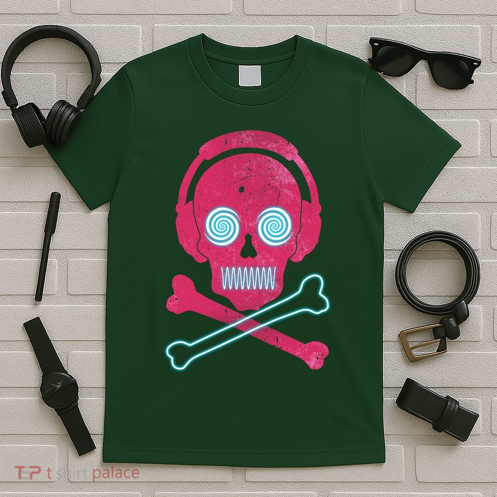 Cool Retro Neon Headphones Skull Music Lover T-Shirt