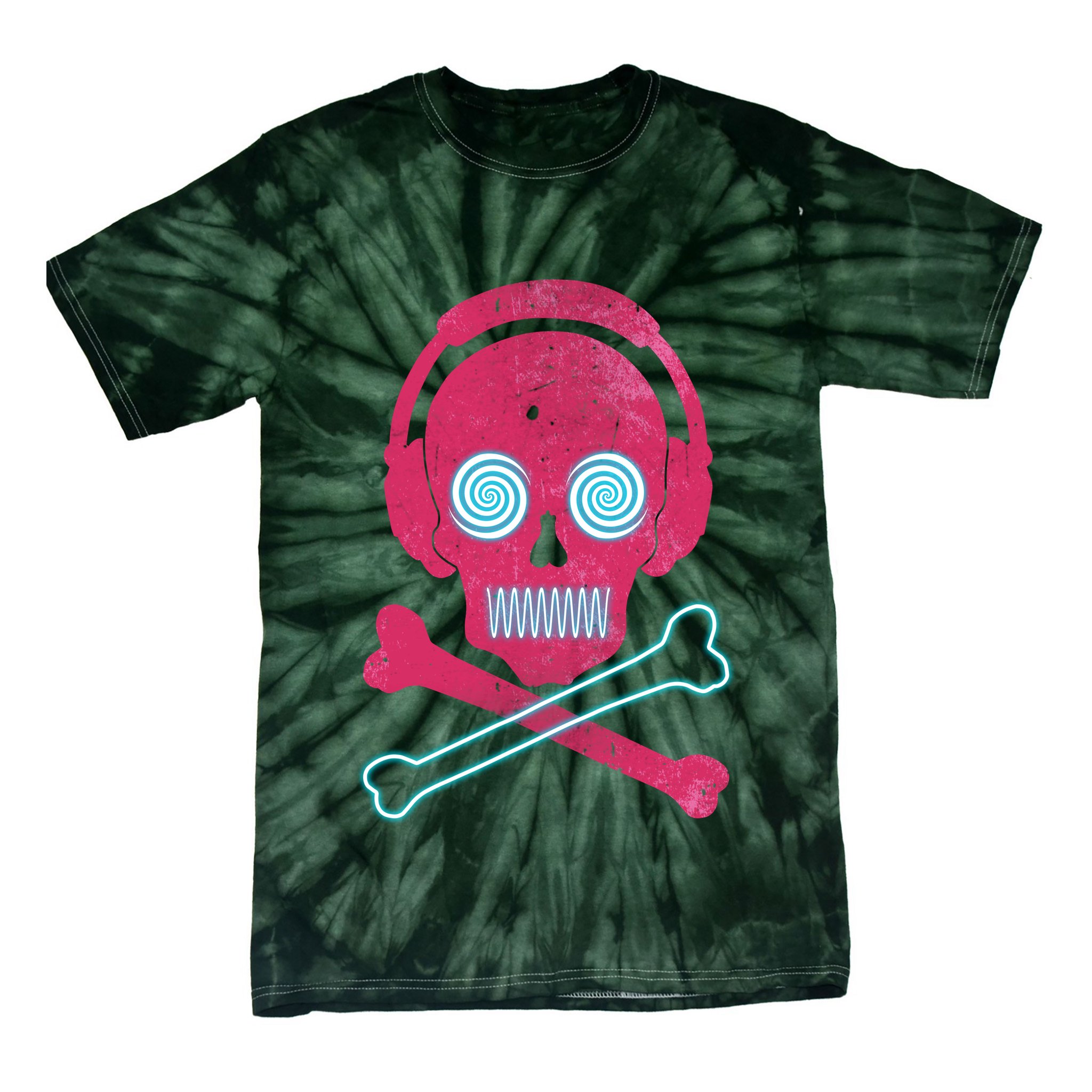 Cool Retro Neon Headphones Skull Music Lover Tie-Dye T-Shirt