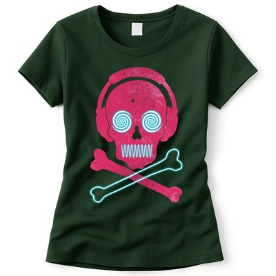 Cool Retro Neon Headphones Skull Music Lover Womens T-Shirt