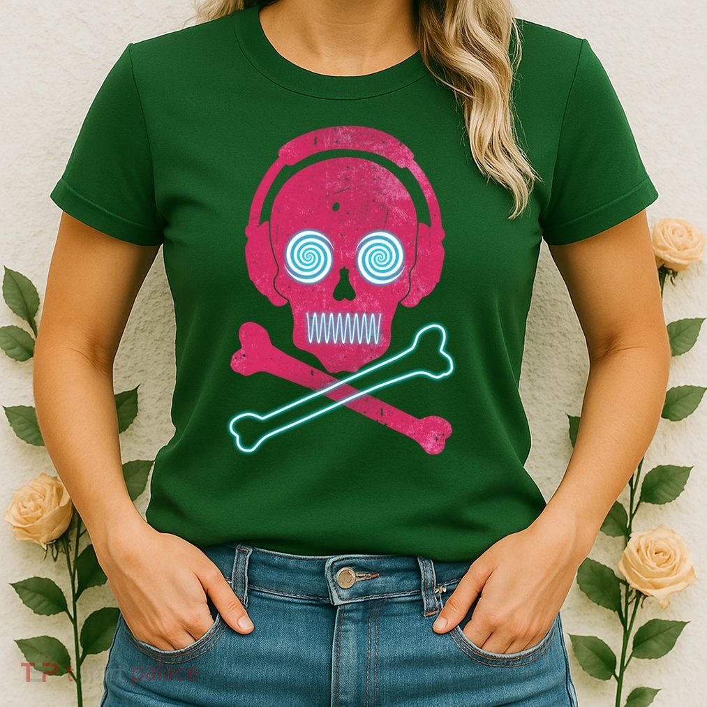Cool Retro Neon Headphones Skull Music Lover Womens T-Shirt