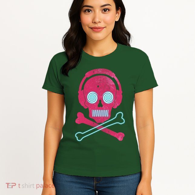 Cool Retro Neon Headphones Skull Music Lover Womens T-Shirt