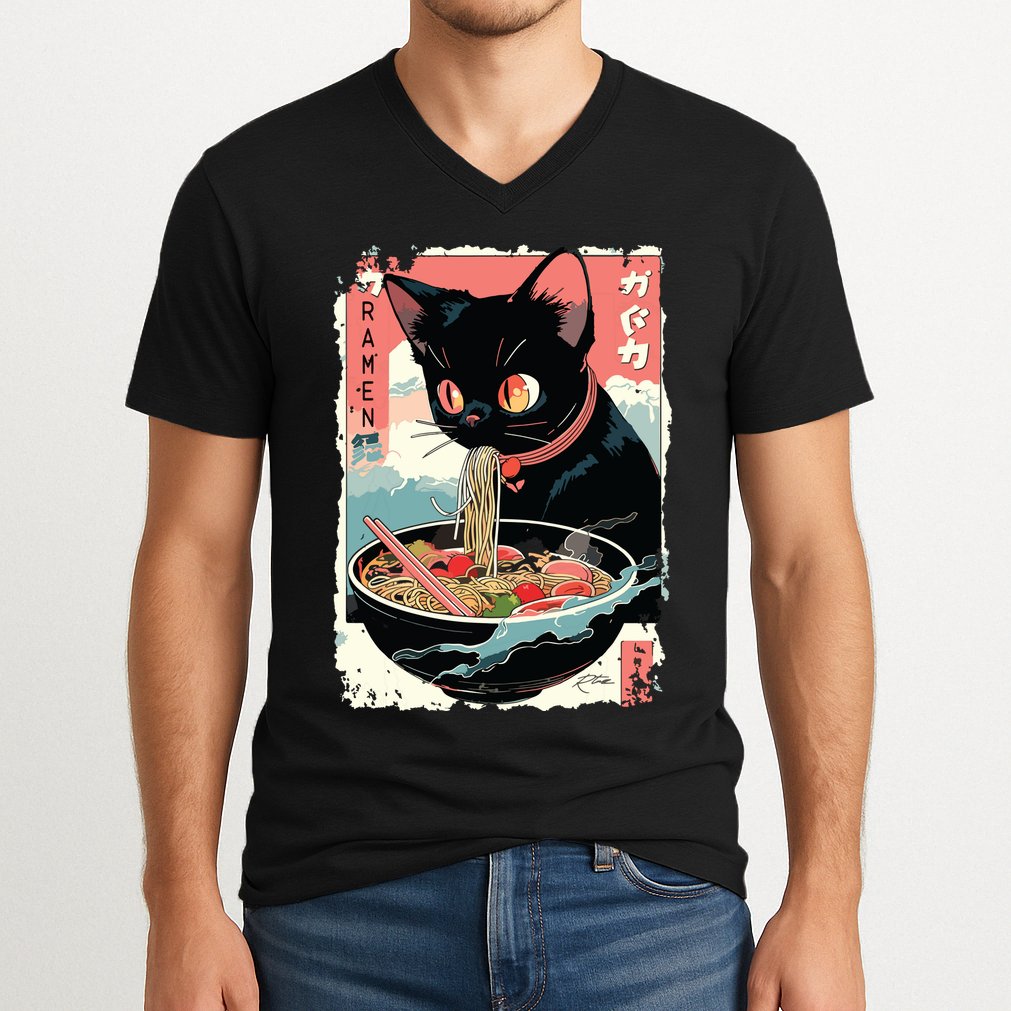 Cat Ramen Noodle Japanese Anime Manga Ramen Kawaii Cat V-Neck T-Shirt
