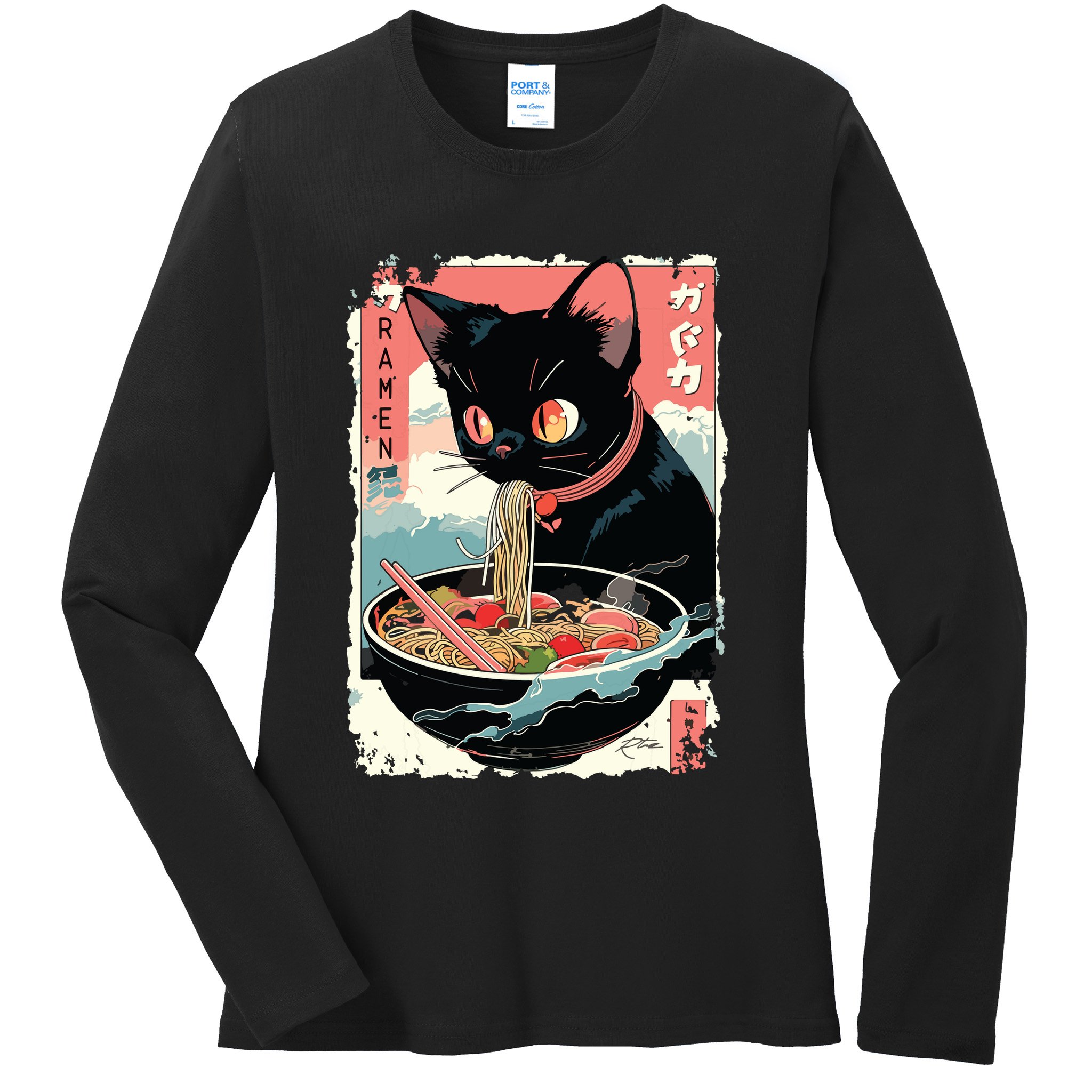 Cat Ramen Noodle Japanese Anime Manga Ramen Kawaii Cat Ladies Long Sleeve Shirt