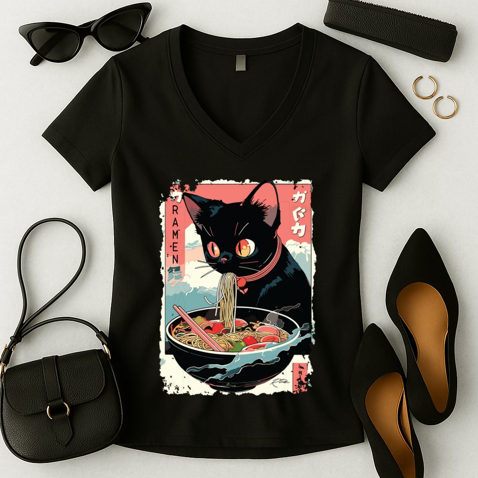 Cat Ramen Noodle Japanese Anime Manga Ramen Kawaii Cat Women's V-Neck T-Shirt