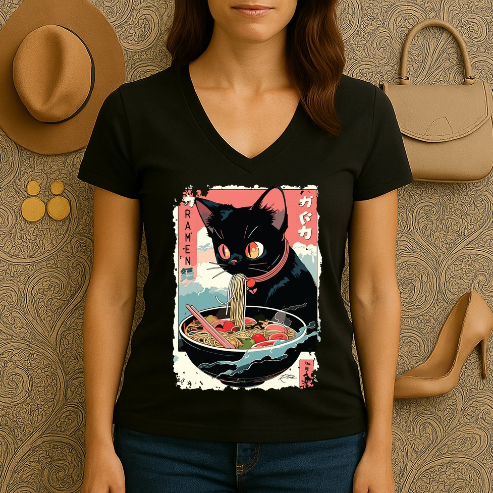 Cat Ramen Noodle Japanese Anime Manga Ramen Kawaii Cat Women's V-Neck T-Shirt