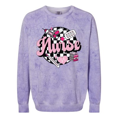 Checkered Retro Nurse School For Women Nursing Groovy Nurse Colorblast Crewneck Sweatshirt