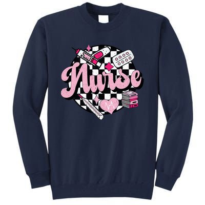 Checkered Retro Nurse School For Women Nursing Groovy Nurse Tall Sweatshirt