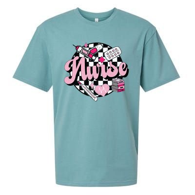 Checkered Retro Nurse School For Women Nursing Groovy Nurse Sueded Cloud Jersey T-Shirt