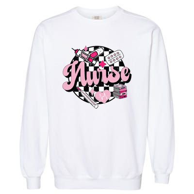 Checkered Retro Nurse School For Women Nursing Groovy Nurse Garment-Dyed Sweatshirt