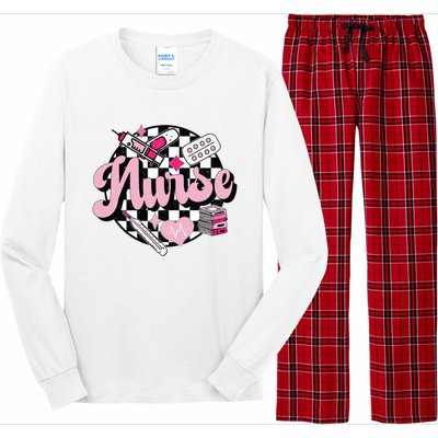 Checkered Retro Nurse School For Women Nursing Groovy Nurse Long Sleeve Pajama Set