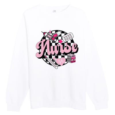 Checkered Retro Nurse School For Women Nursing Groovy Nurse Premium Crewneck Sweatshirt