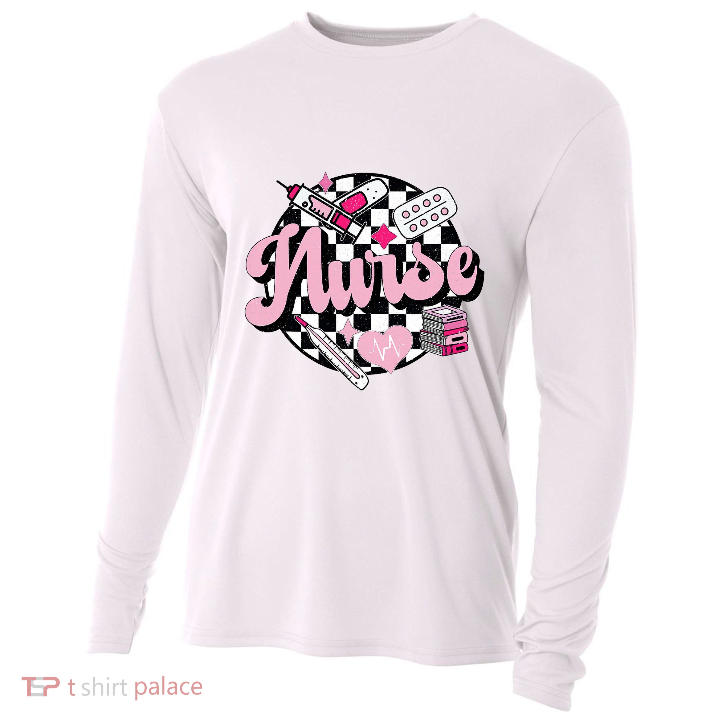 Checkered Retro Nurse School For Women Nursing Groovy Nurse Cooling Performance Long Sleeve Crew