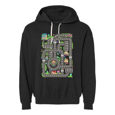 Car Road On Dad Back Fathers Day Play With Son Garment-Dyed Fleece Hoodie