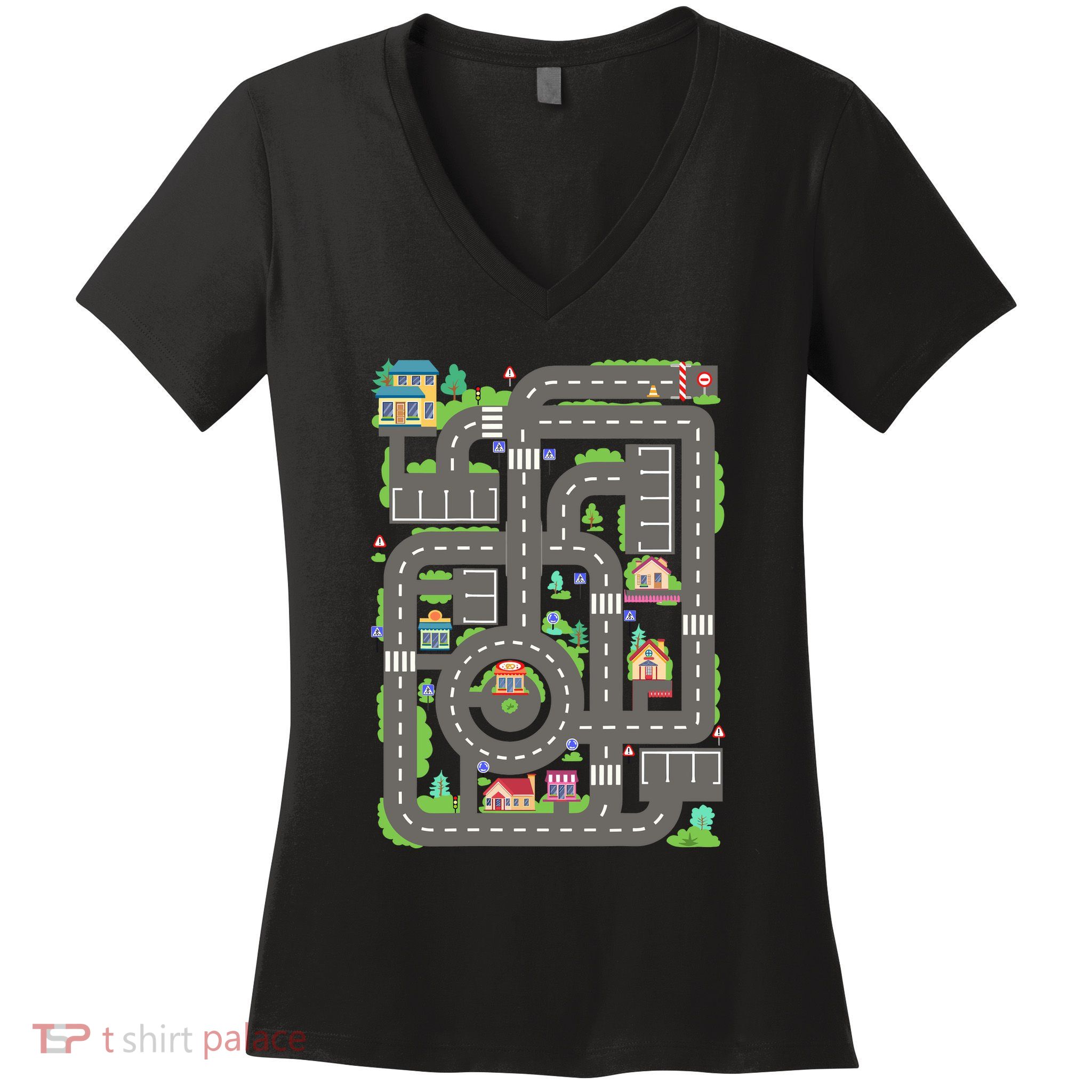 Car Road On Dad Back Fathers Day Play With Son Women's V-Neck T-Shirt