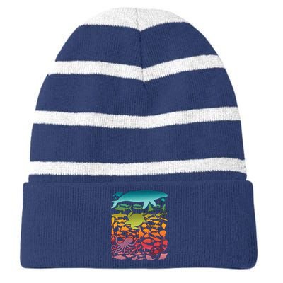 Cool Rainbow Ocean Sea Life Striped Beanie with Solid Band