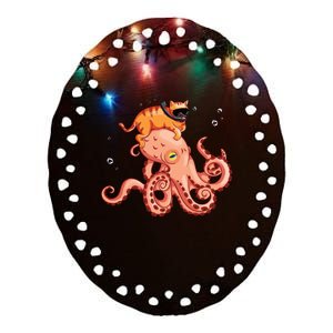 Cat Riding Octopus Funny Ceramic Oval Ornament