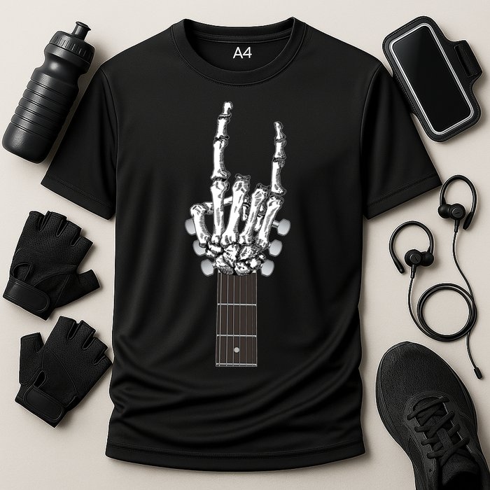 Cool Rock On Skeleton Guitar Cooling Performance Crew T-Shirt