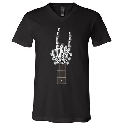 Cool Rock On Skeleton Guitar V-Neck T-Shirt