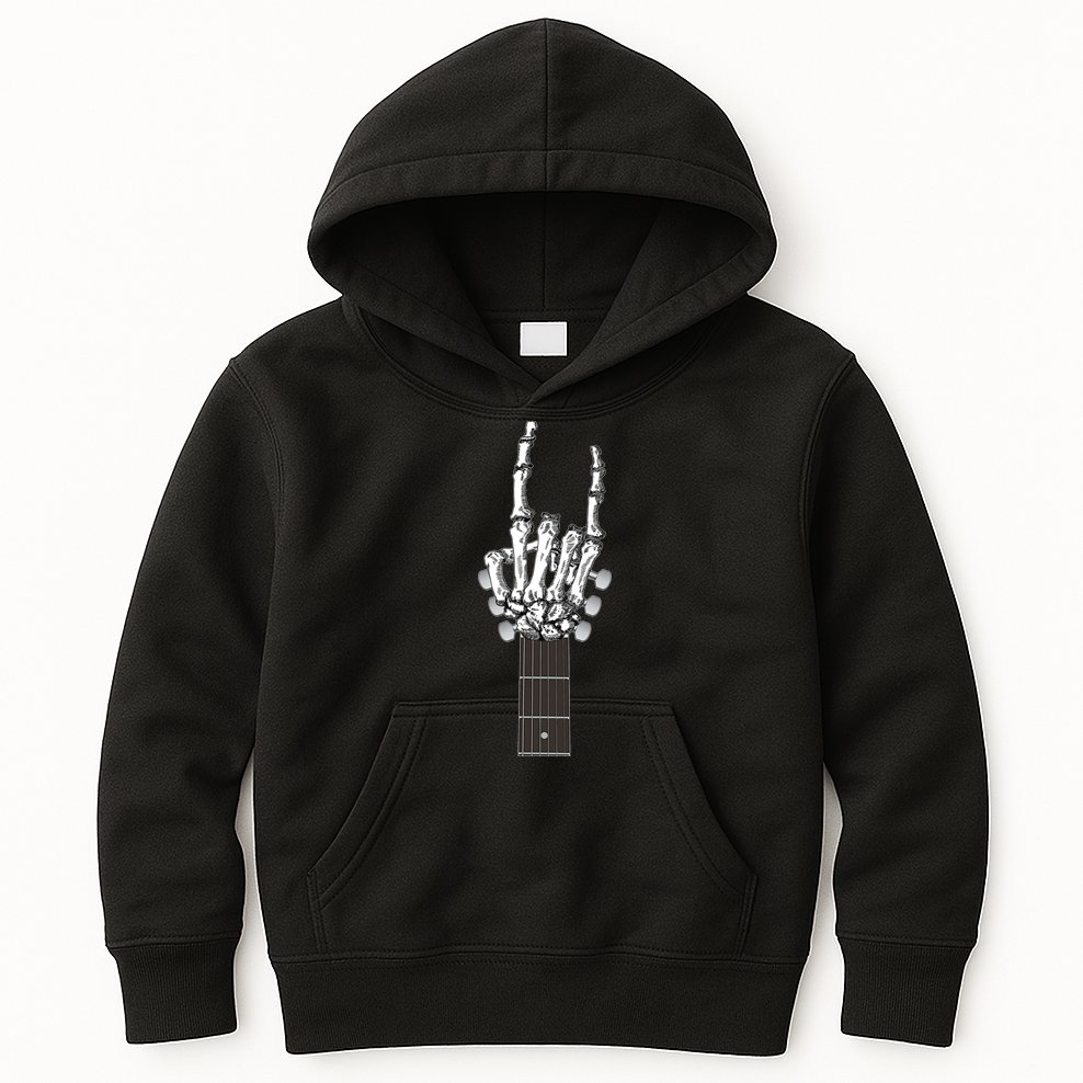 Cool Rock On Skeleton Guitar Kids Hoodie