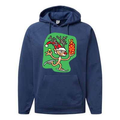 Christmas Reindeer On Ice Performance Fleece Hoodie