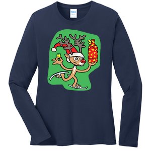 Christmas Reindeer On Ice Ladies Long Sleeve Shirt